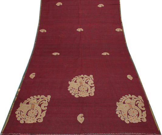 Sushila Vintage Maroon Indian Saree Pure Cotton Embroidered Sari Craft Fabric