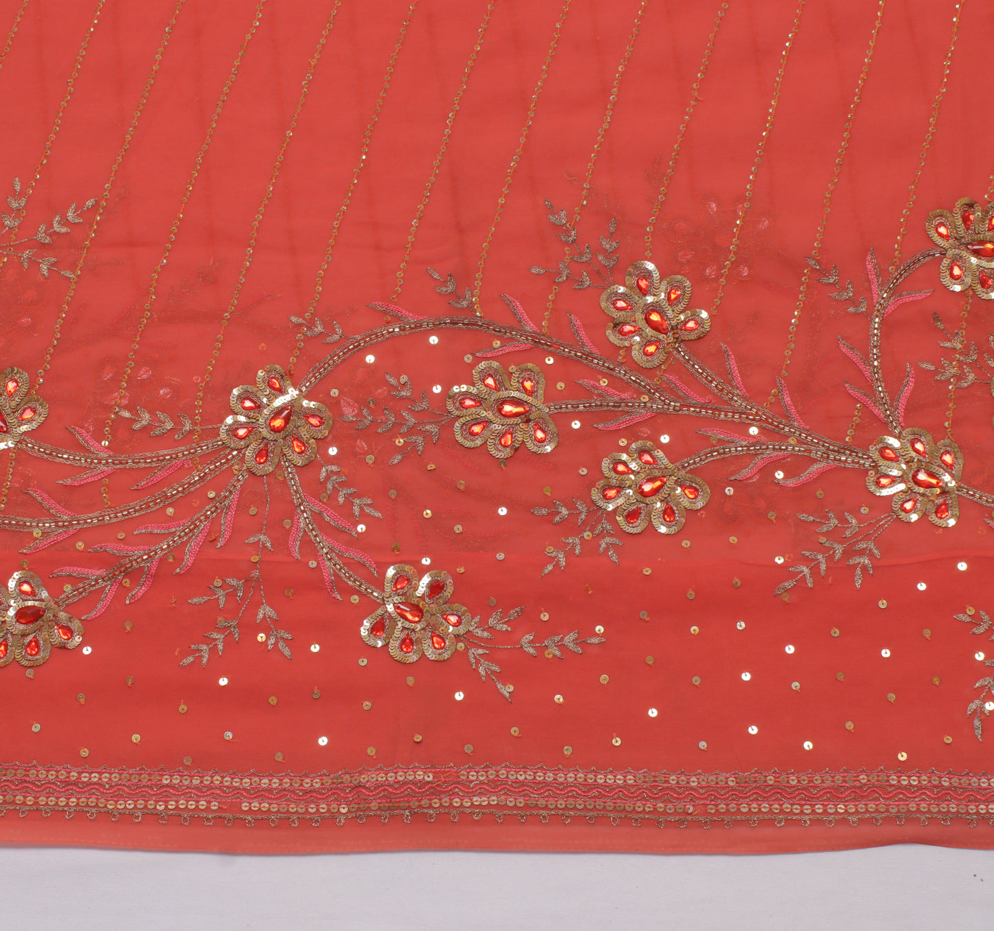 Sushila Vintage Peach Saree Blend Georgette Silk Embroidered Floral Sari Fabric