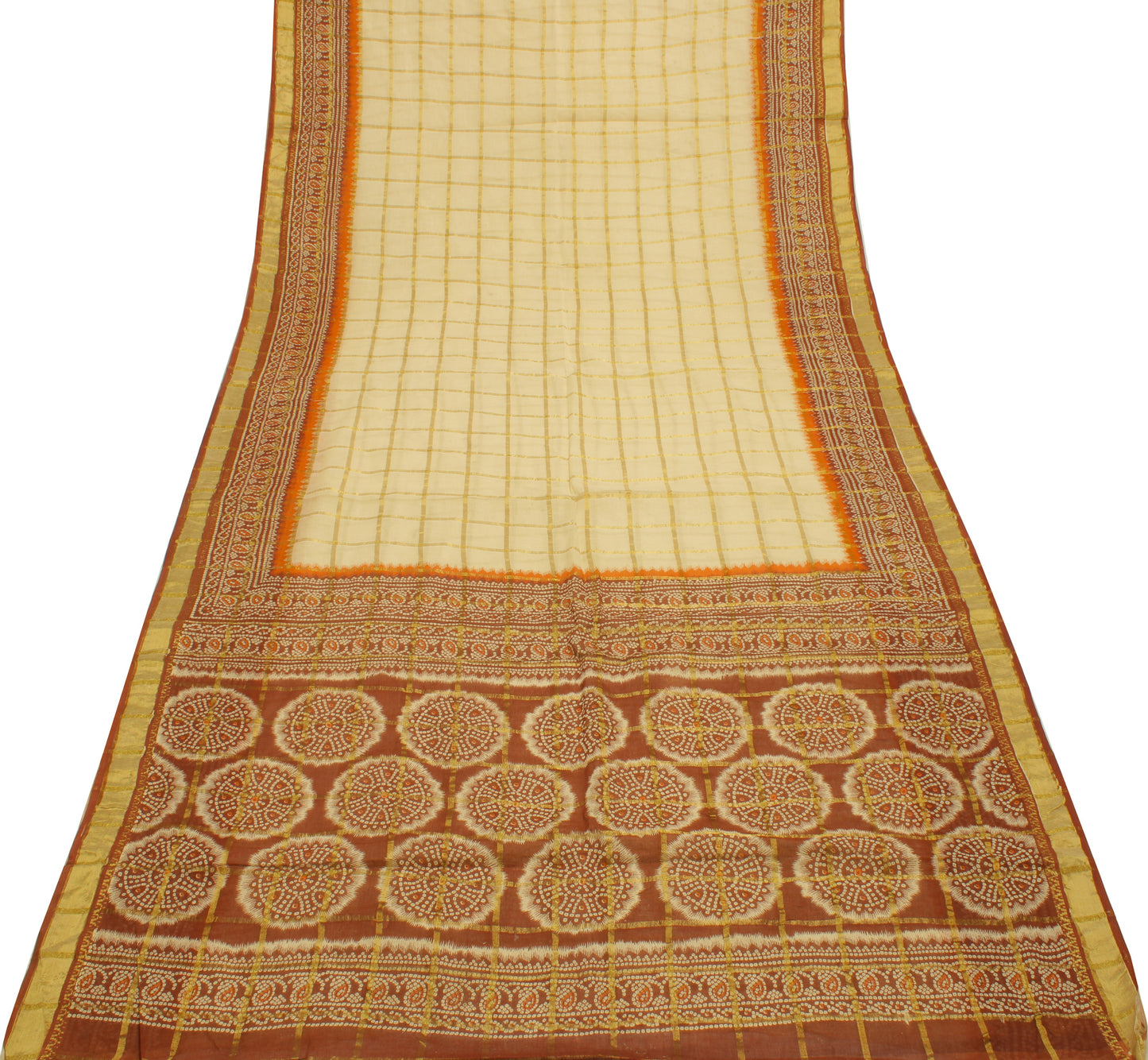 Sushila Vintage Cream Sari 100% Pure Cotton Woven & Bandhani Printed Sari Fabric