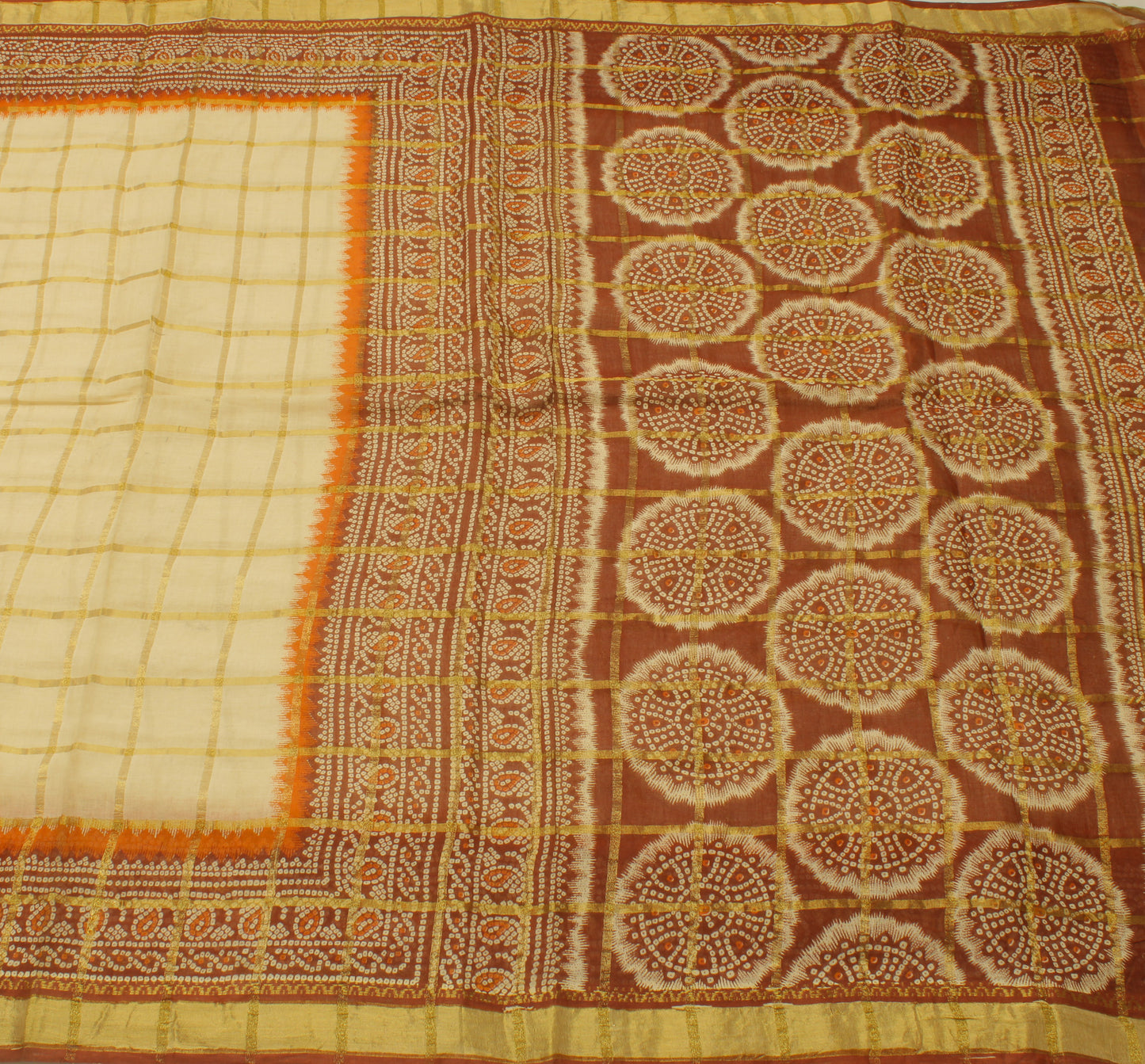 Sushila Vintage Cream Sari 100% Pure Cotton Woven & Bandhani Printed Sari Fabric