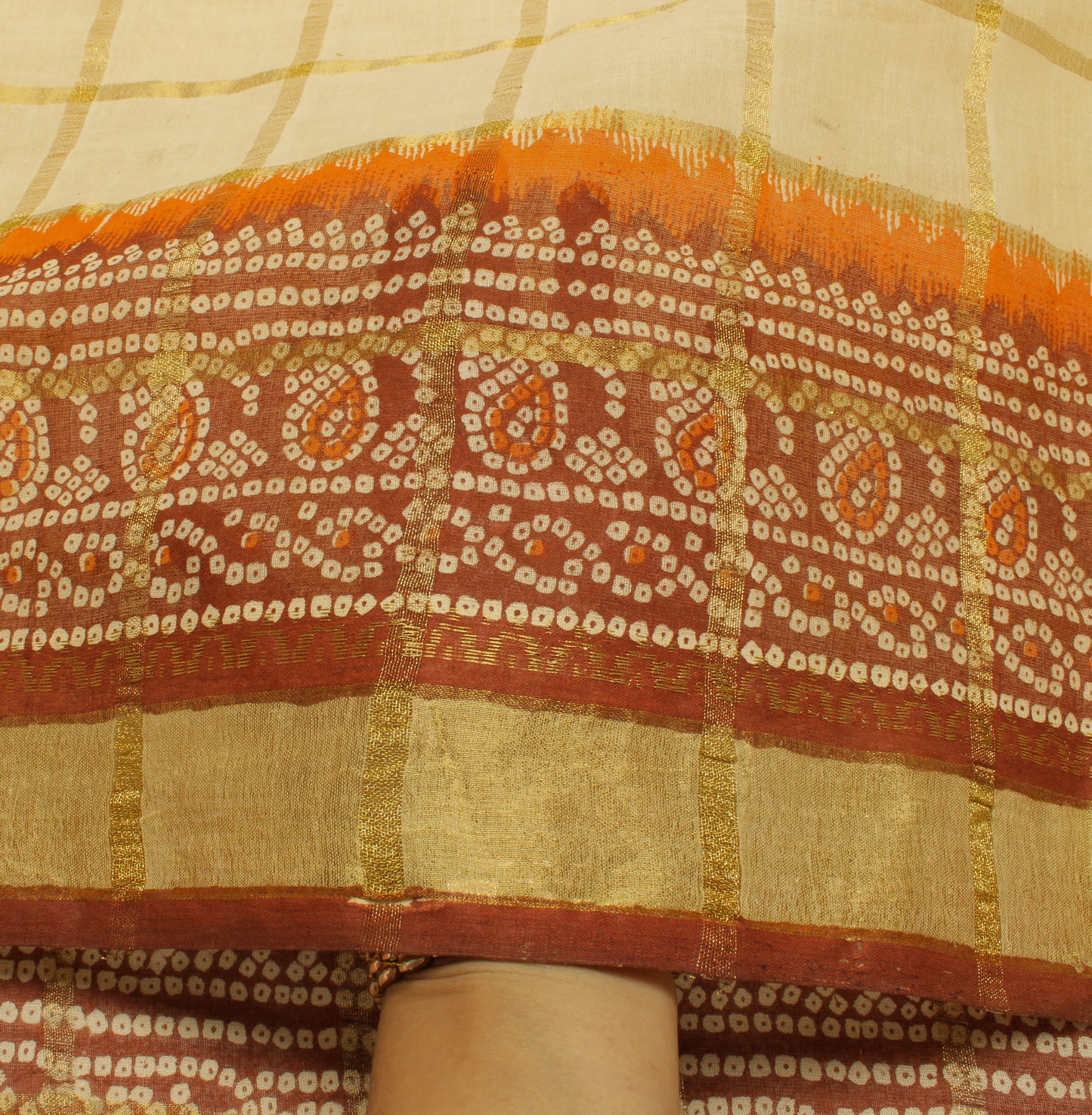 Sushila Vintage Cream Sari 100% Pure Cotton Woven & Bandhani Printed Sari Fabric