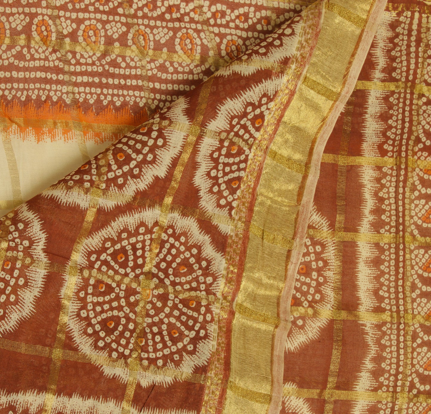 Sushila Vintage Cream Sari 100% Pure Cotton Woven & Bandhani Printed Sari Fabric