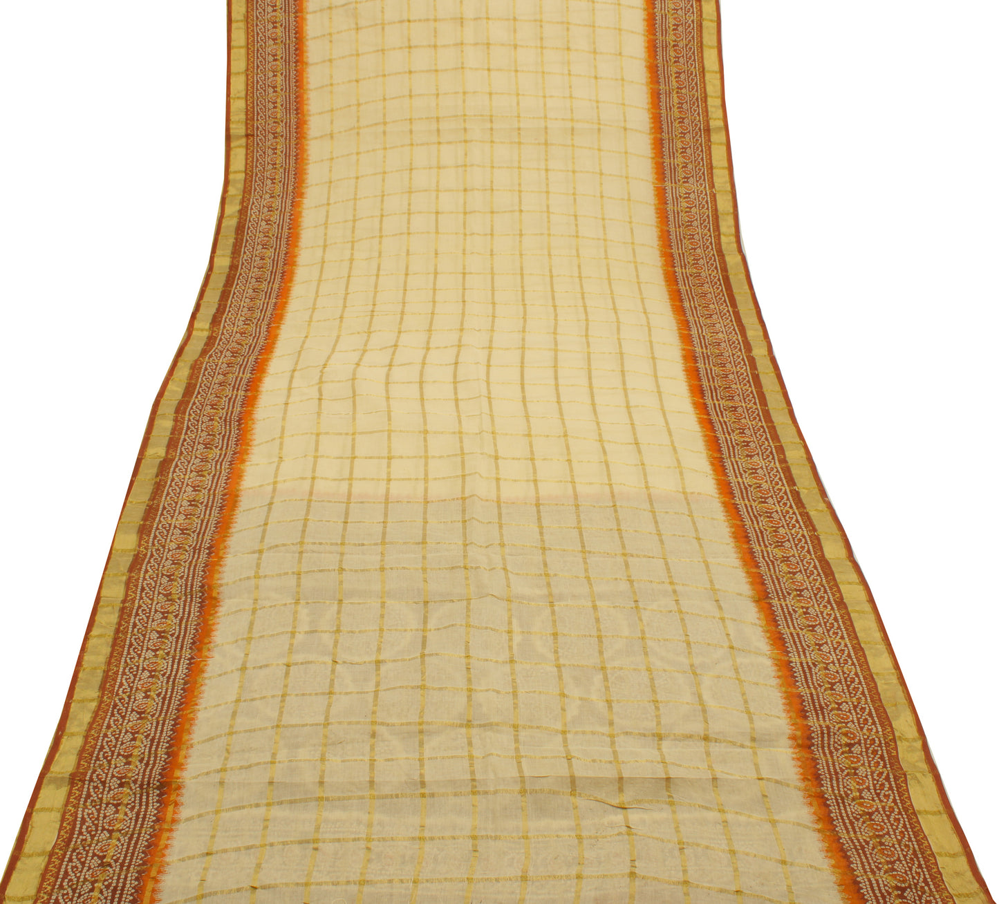 Sushila Vintage Cream Sari 100% Pure Cotton Woven & Bandhani Printed Sari Fabric