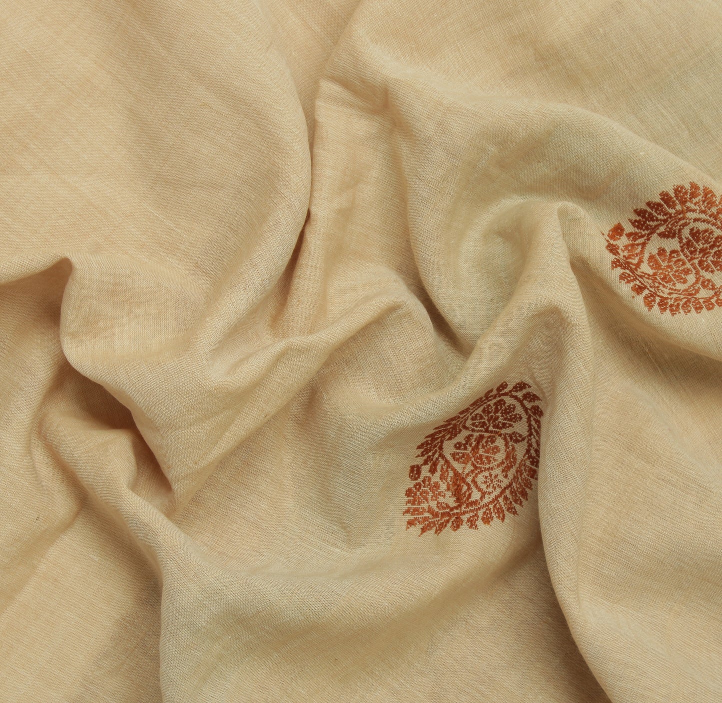 Sushila Vintage Cream Saree 100% Pure Cotton Woven Paisley Sari Craft Fabric