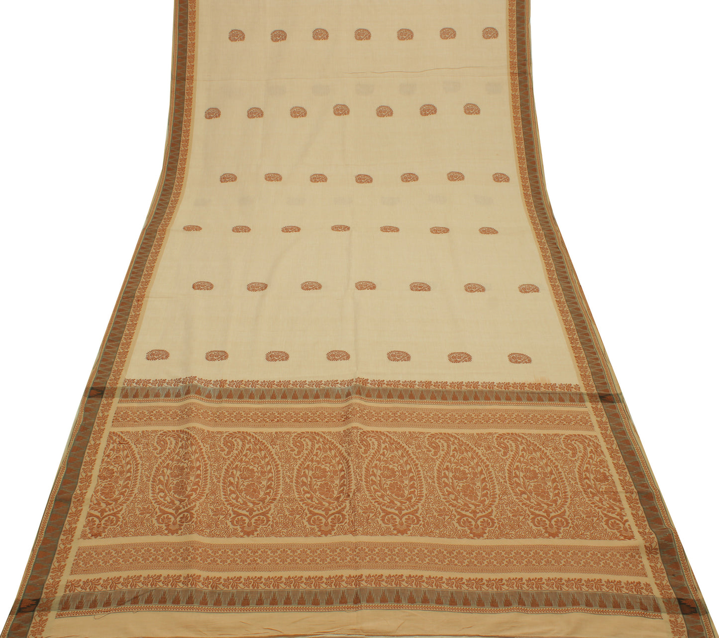 Sushila Vintage Cream Saree 100% Pure Cotton Woven Paisley Sari Craft Fabric