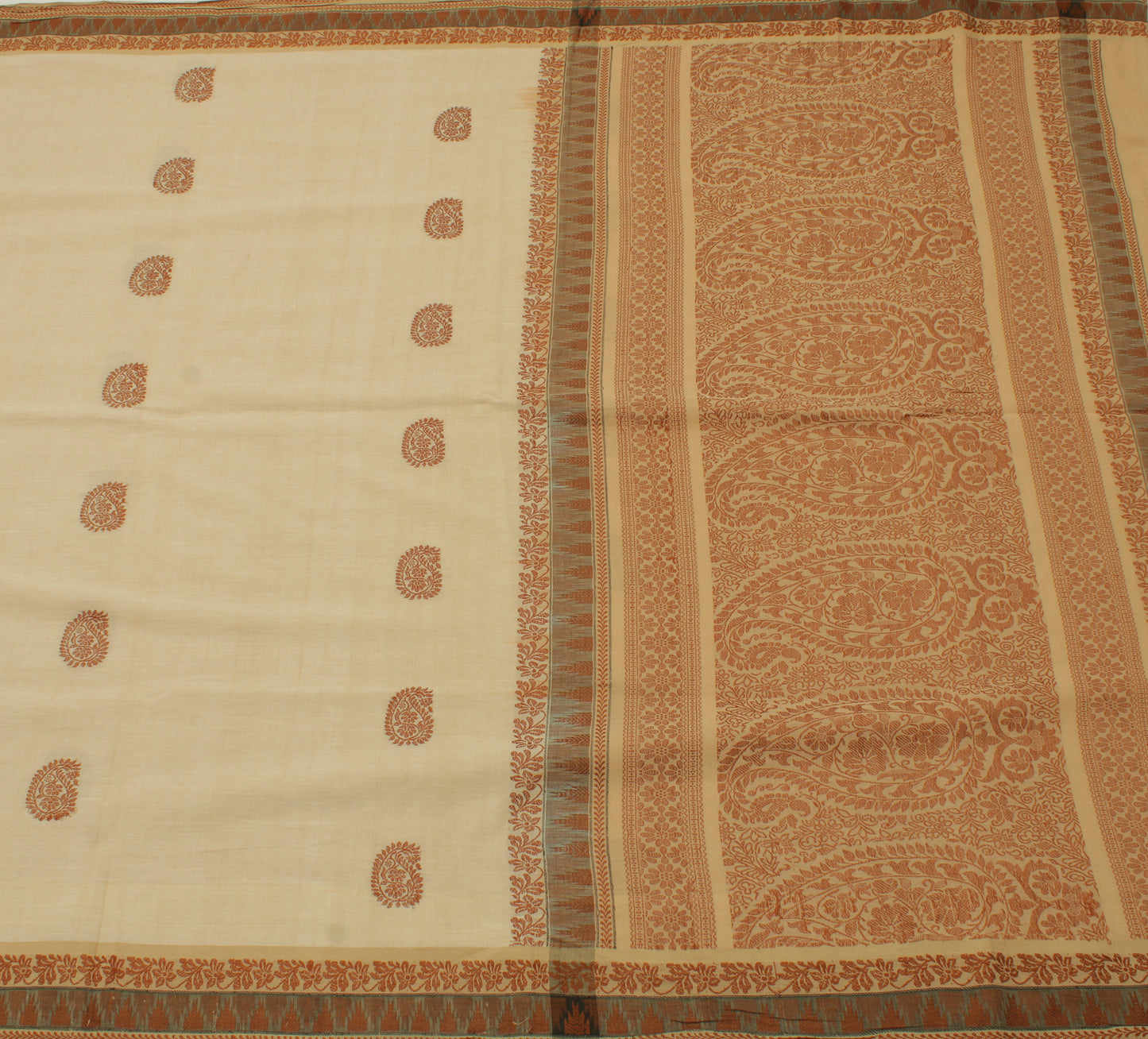 Sushila Vintage Cream Saree 100% Pure Cotton Woven Paisley Sari Craft Fabric