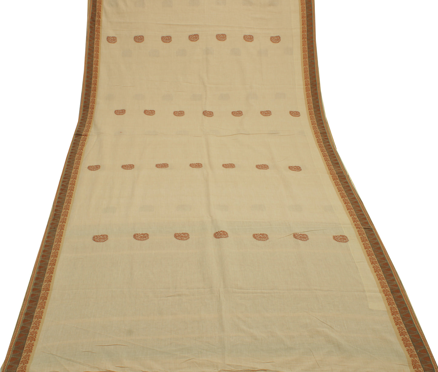 Sushila Vintage Cream Saree 100% Pure Cotton Woven Paisley Sari Craft Fabric