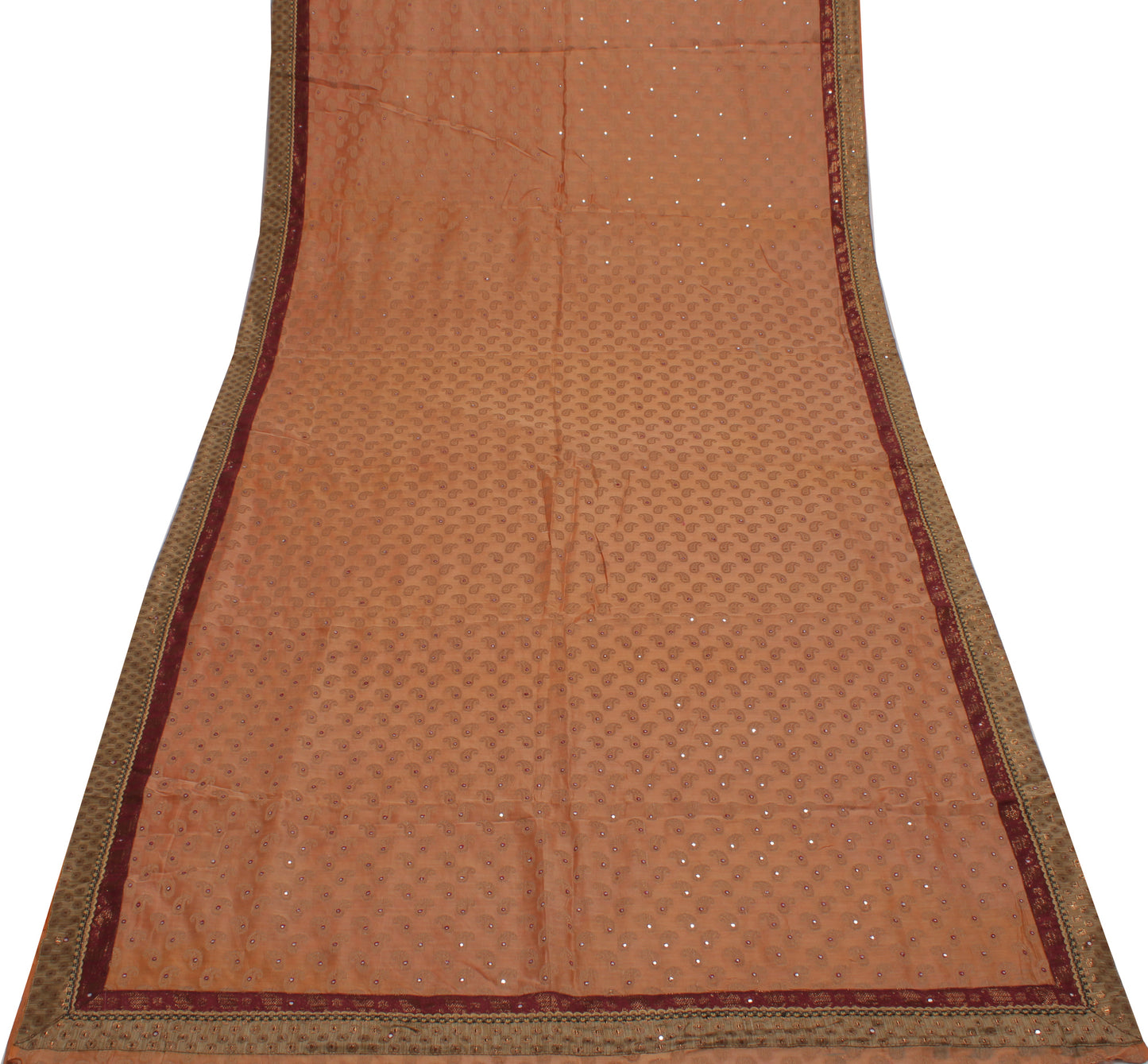 Sushila Vintage Brown Saree 100% Pure Cotton Woven Paisley Sari Craft Fabric