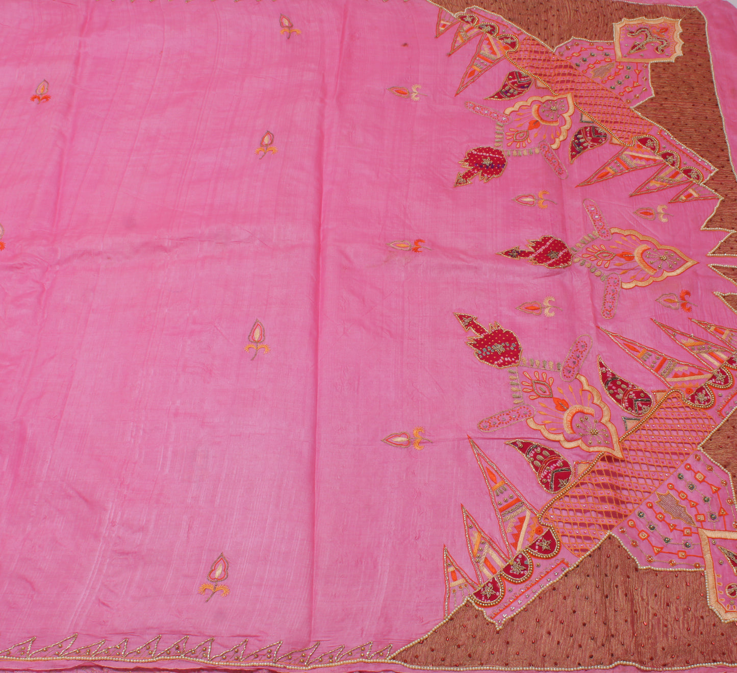 Sushila Vintage Pink Saree 100% Pure Silk Hand Beaded & Embroidered Sari Fabric