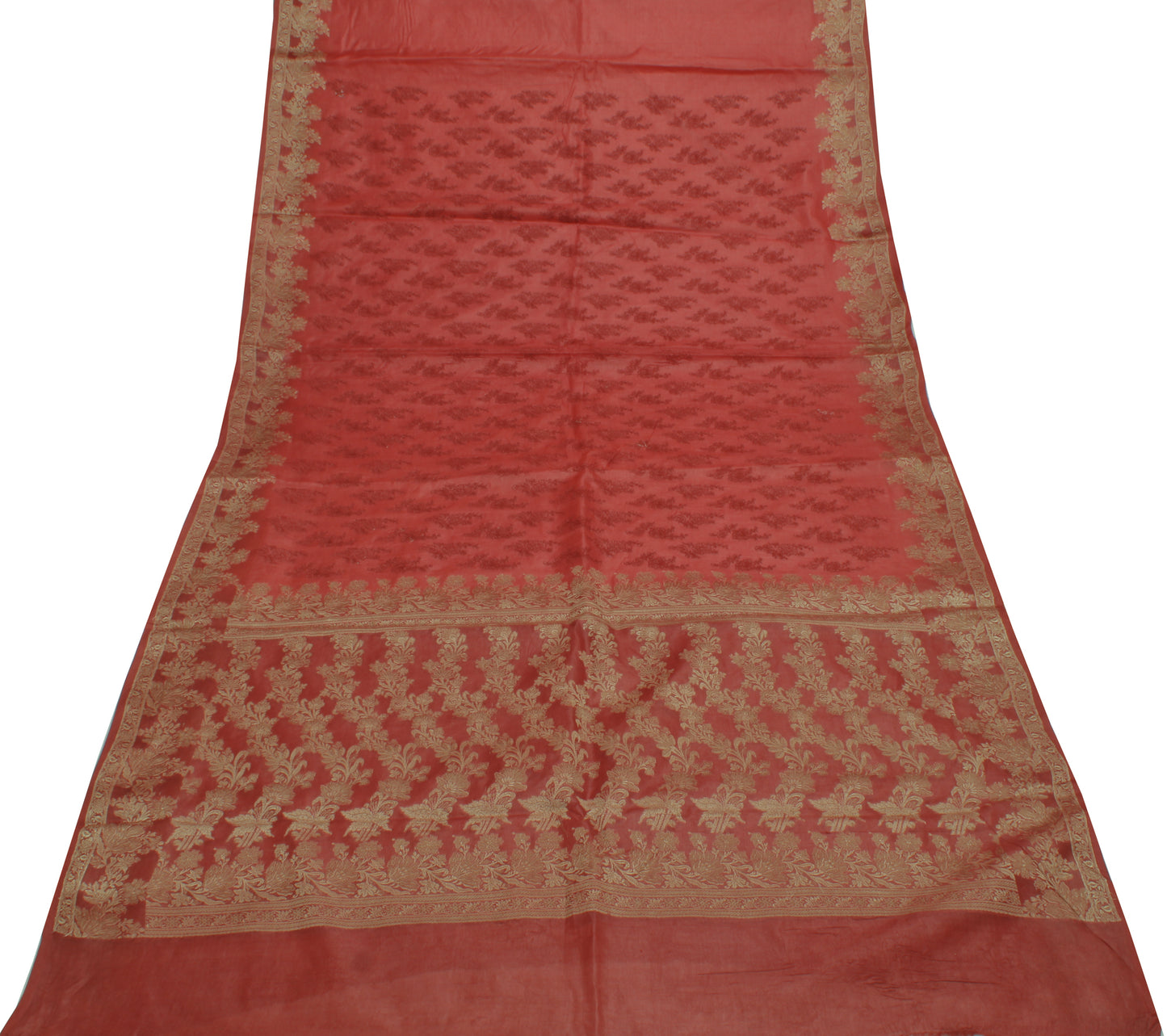 Sushila Vintage Peach Saree Pure Silk Woven & Embroidered Floral Sari Fabric