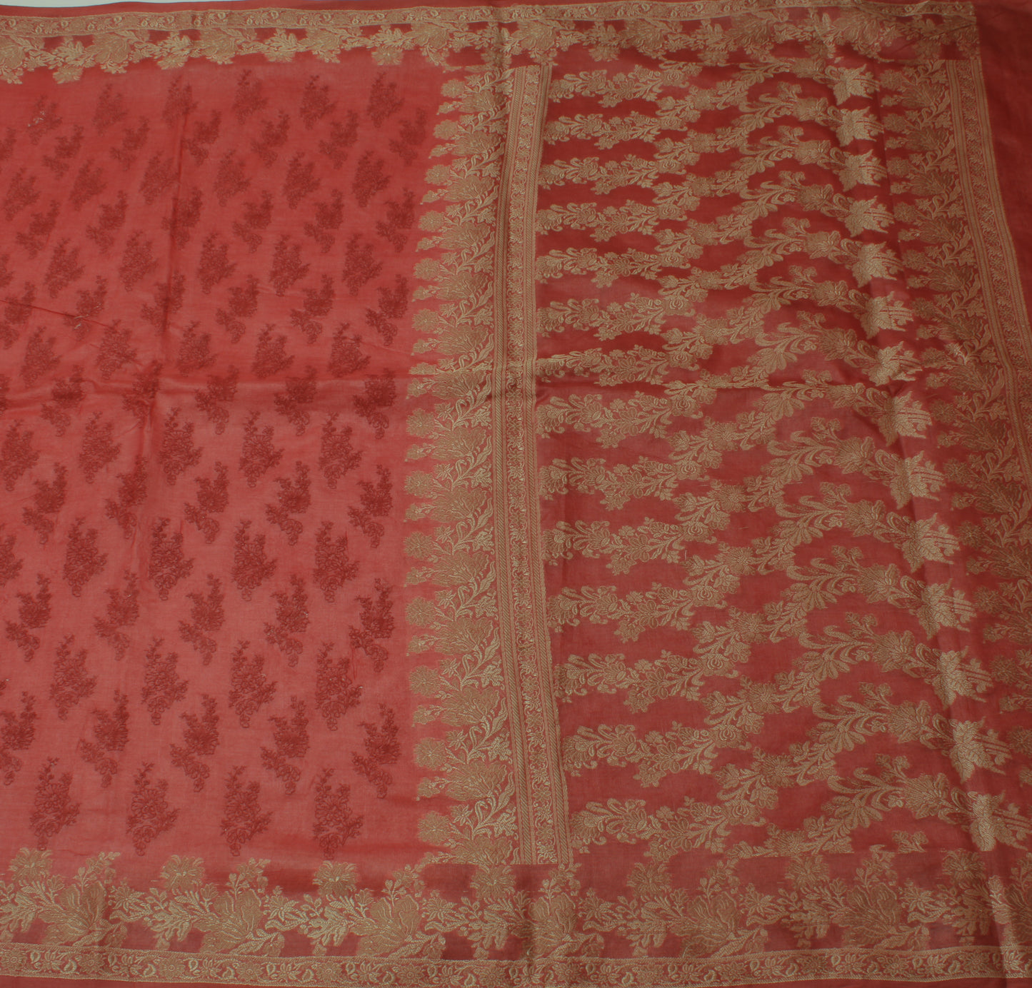 Sushila Vintage Peach Saree Pure Silk Woven & Embroidered Floral Sari Fabric