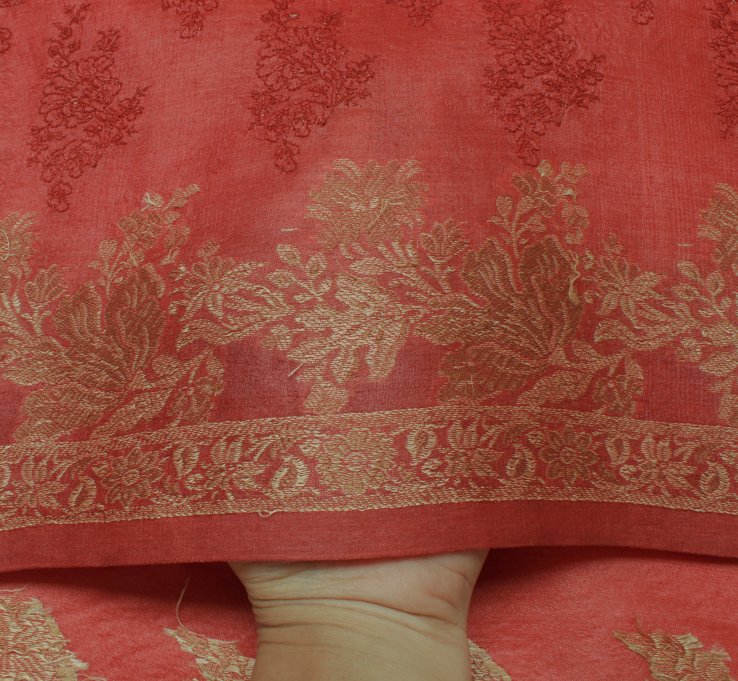 Sushila Vintage Peach Saree Pure Silk Woven & Embroidered Floral Sari Fabric