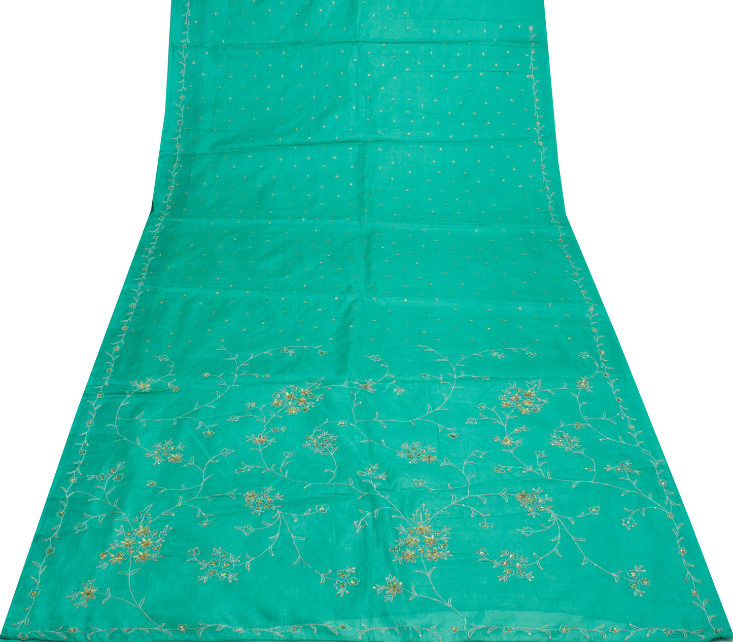 Sushila Vintage Aqua Green Saree Pure Silk Hand Embroidered Floral Sari Fabric