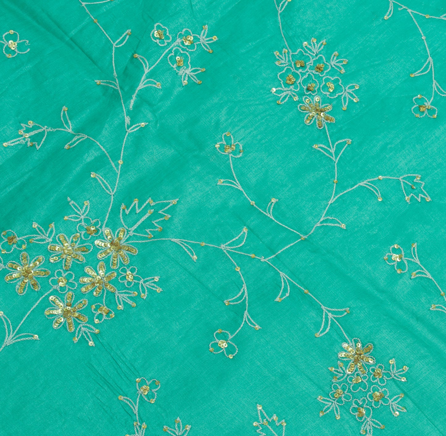 Sushila Vintage Aqua Green Saree Pure Silk Hand Embroidered Floral Sari Fabric