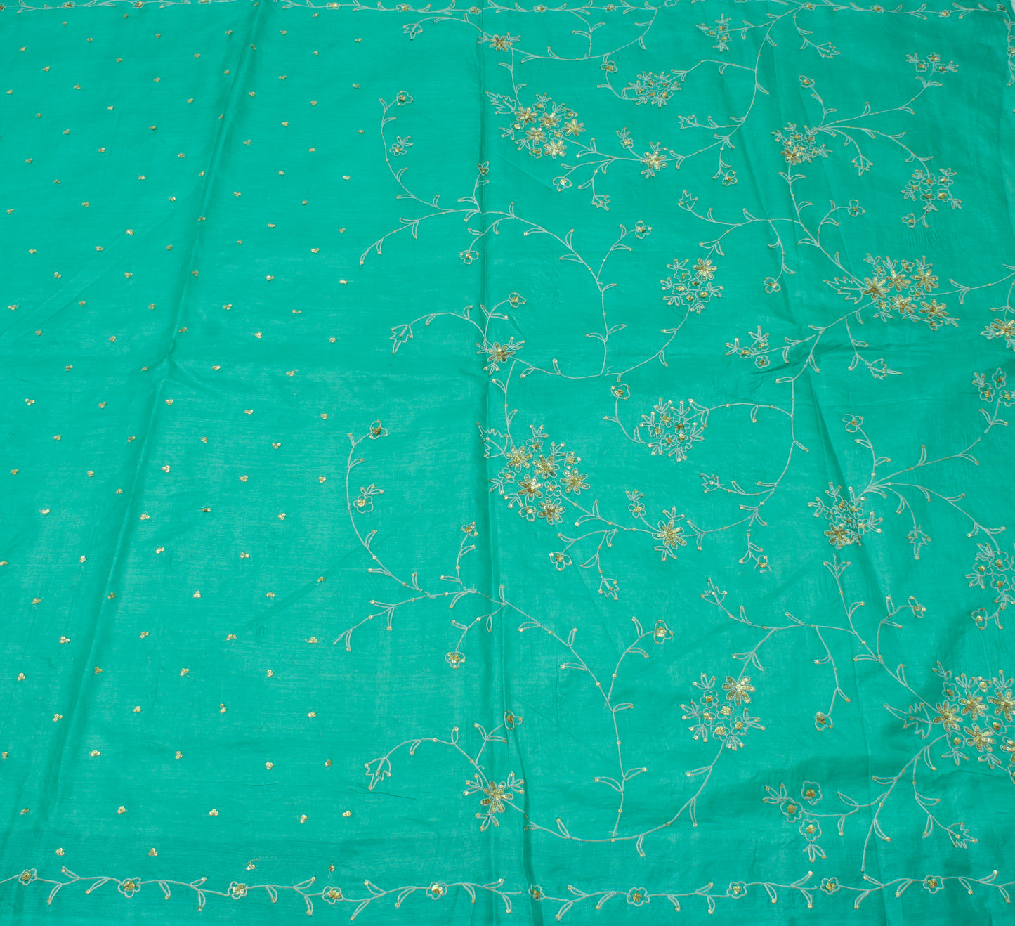 Sushila Vintage Aqua Green Saree Pure Silk Hand Embroidered Floral Sari Fabric