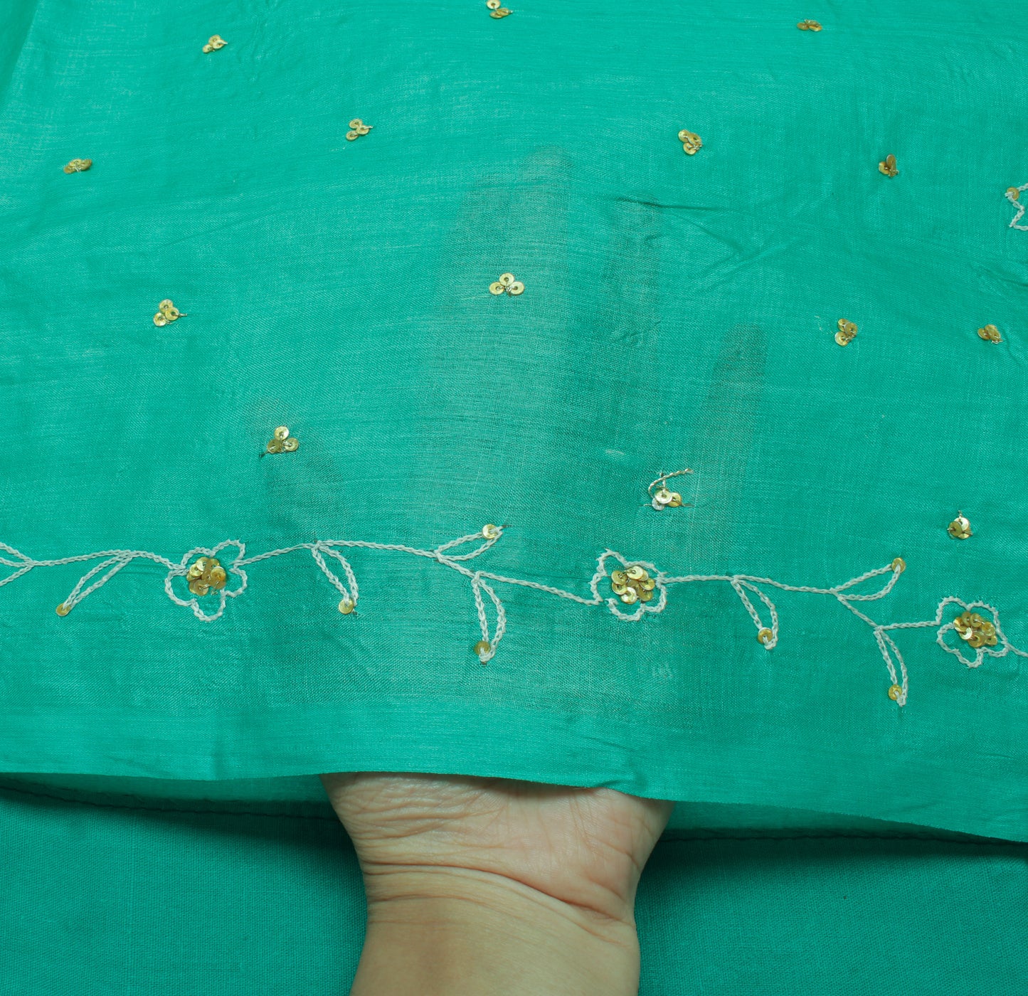 Sushila Vintage Aqua Green Saree Pure Silk Hand Embroidered Floral Sari Fabric