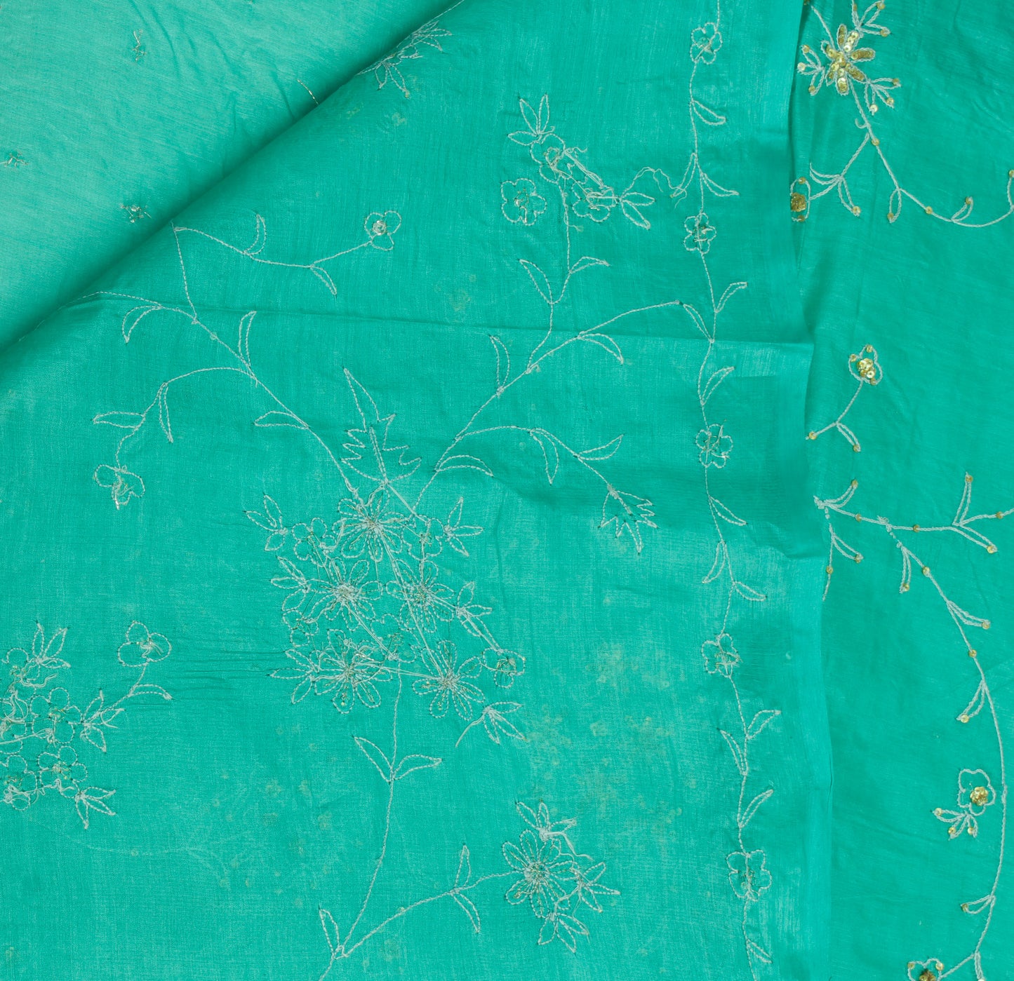 Sushila Vintage Aqua Green Saree Pure Silk Hand Embroidered Floral Sari Fabric