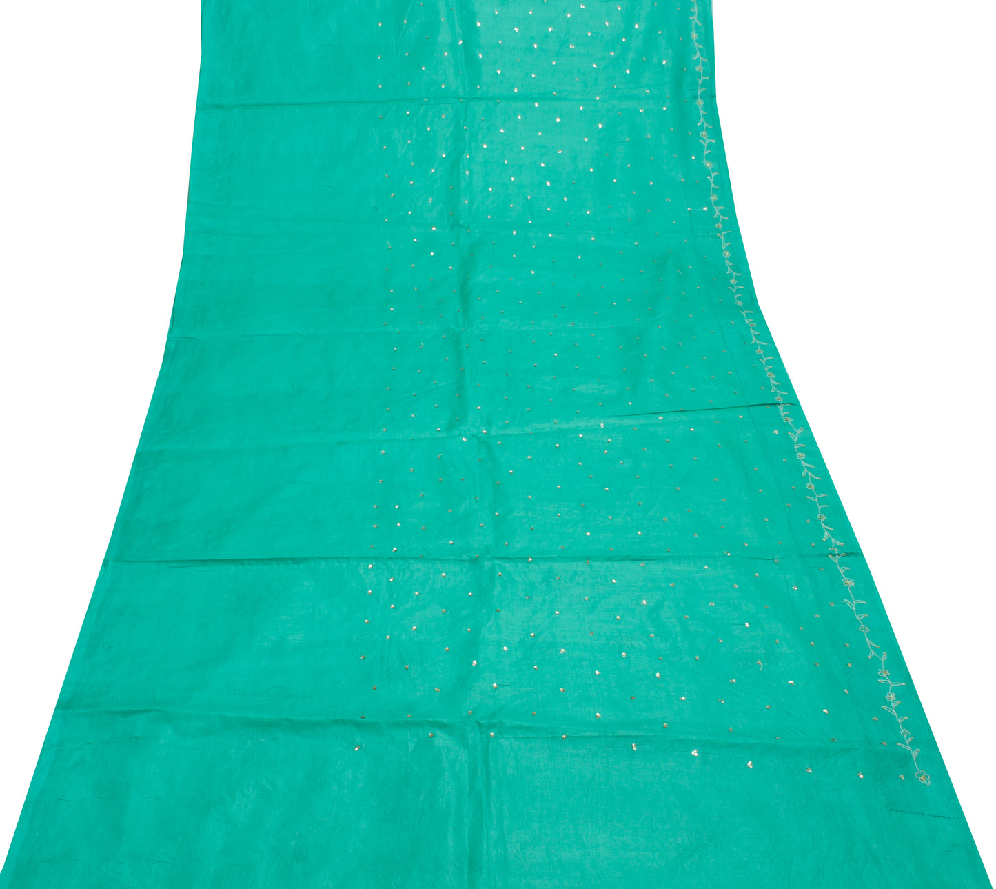 Sushila Vintage Aqua Green Saree Pure Silk Hand Embroidered Floral Sari Fabric