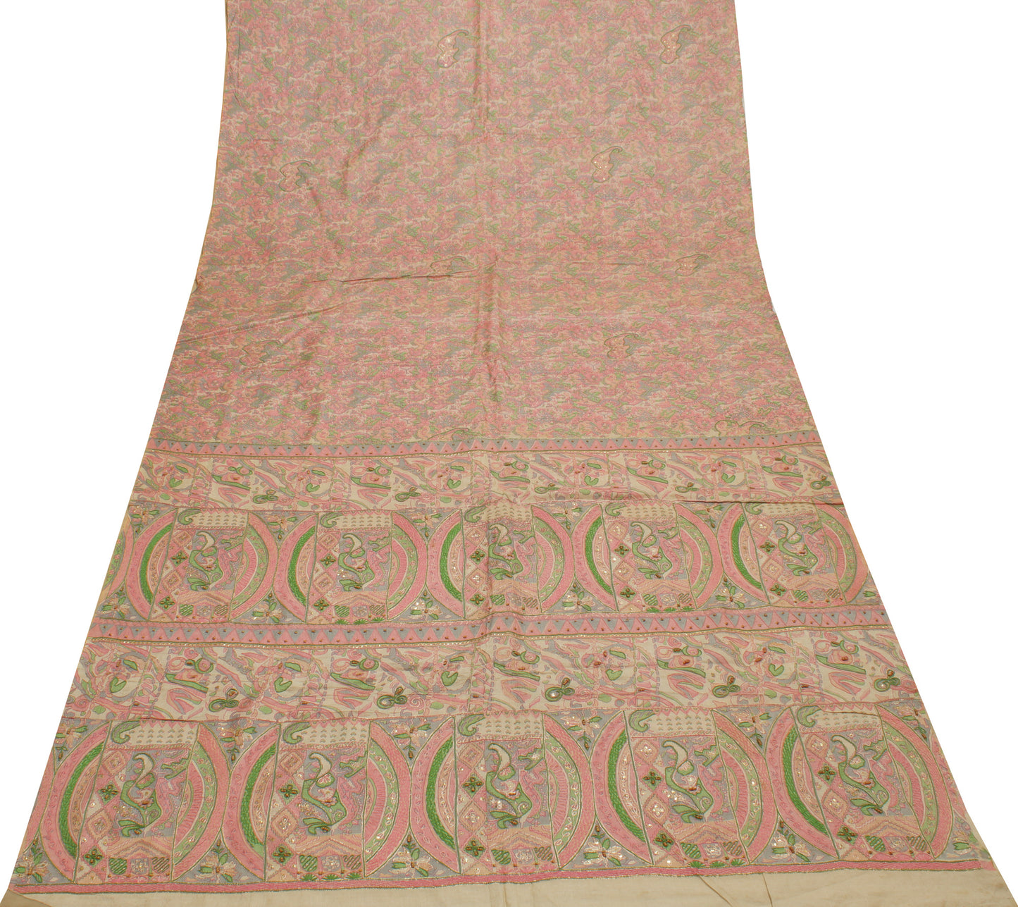 Sushila Vintage Cream Saree 100% Pure Silk Printed Sari Craft 5 Yard Fabric