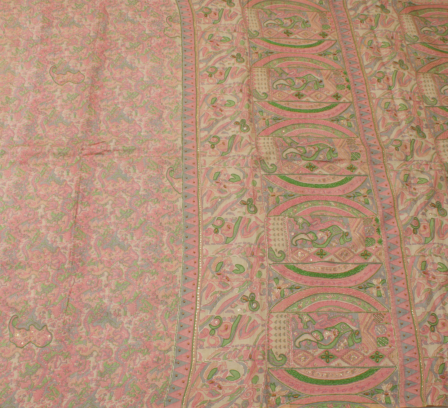 Sushila Vintage Cream Saree 100% Pure Silk Printed Sari Craft 5 Yard Fabric