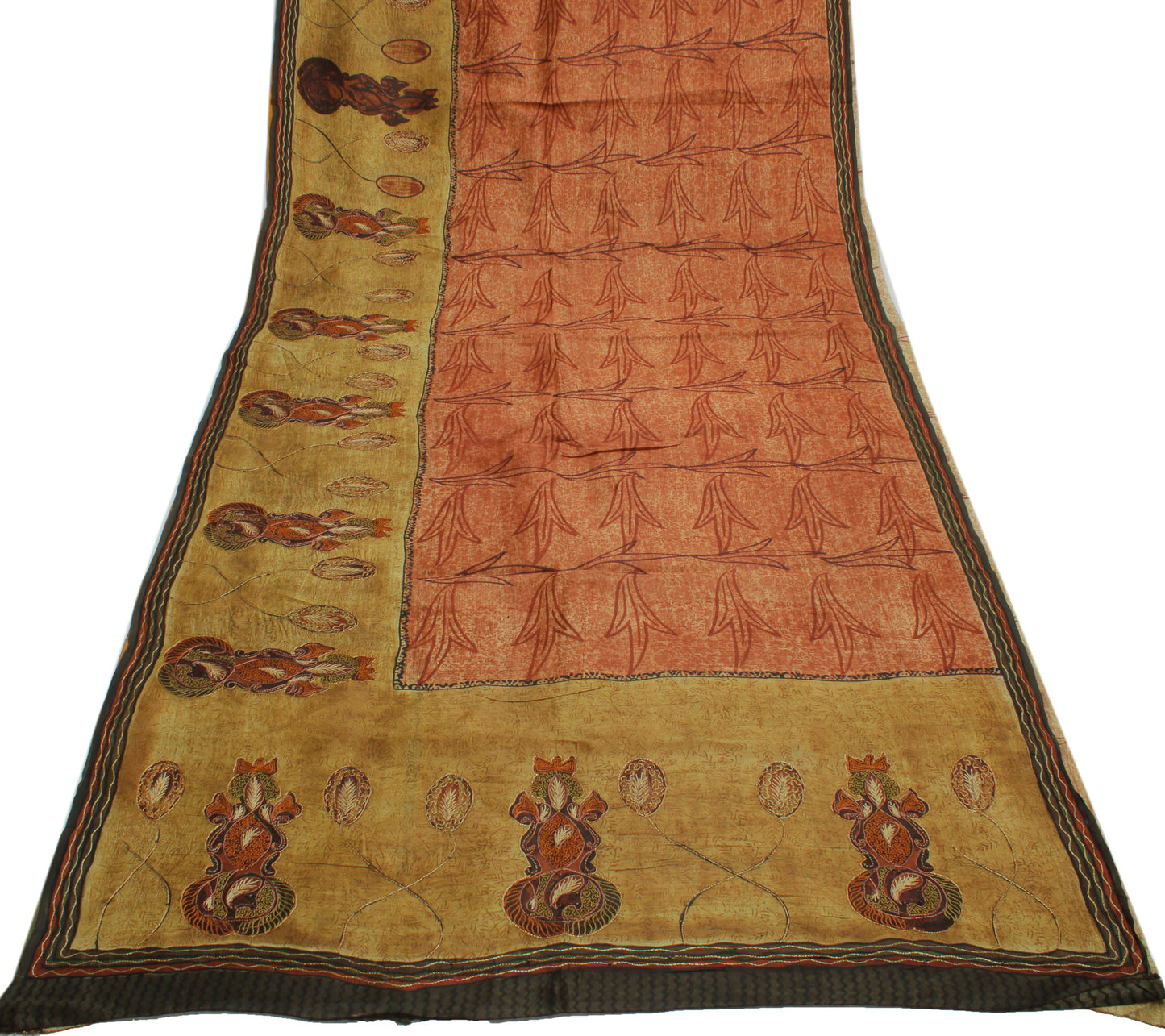 Sushila Vintage Brown Saree 100% Pure Silk Printed Floral Sari Craft Fabric