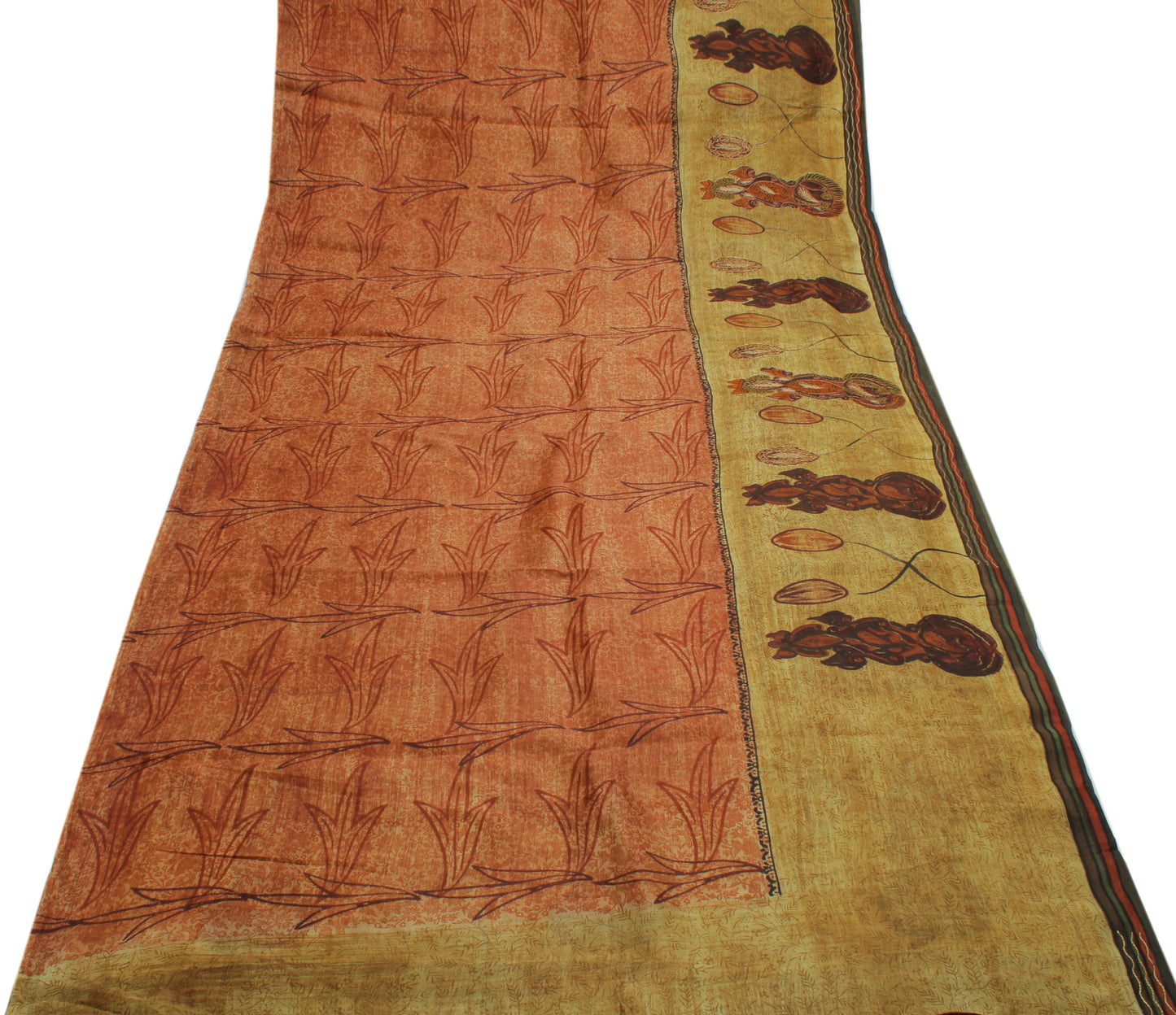 Sushila Vintage Brown Saree 100% Pure Silk Printed Floral Sari Craft Fabric