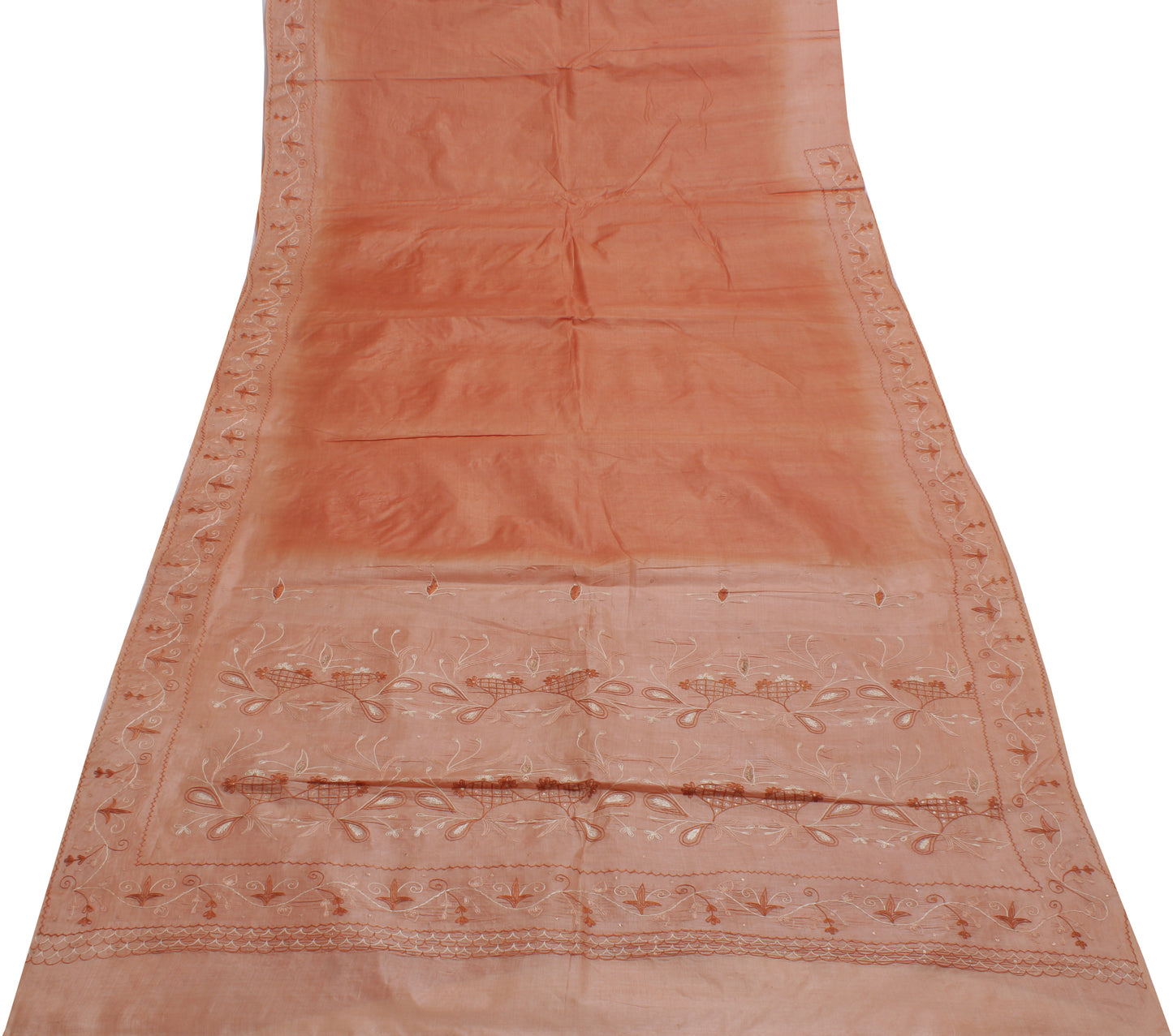 Sushila Vintage Peach Saree 100% Pure Silk Embroidered Floral Sari Craft Fabric