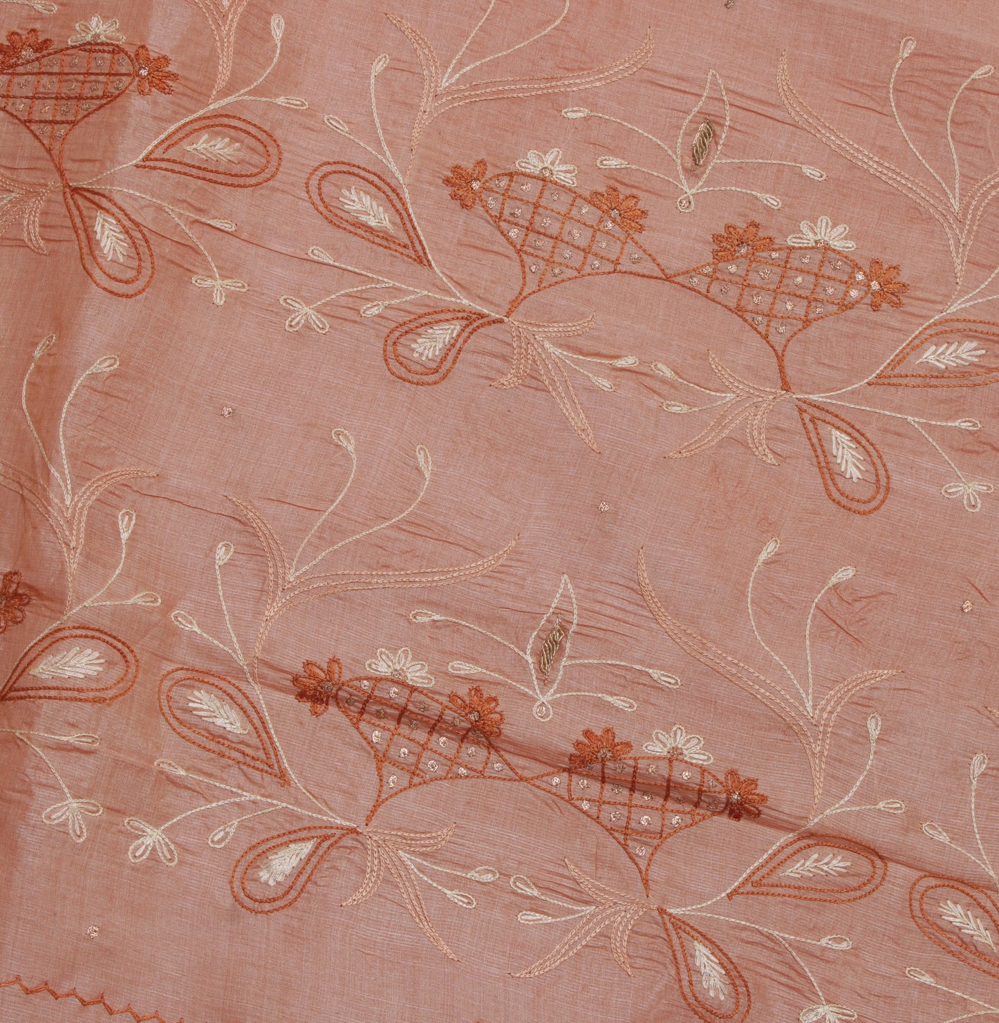 Sushila Vintage Peach Saree 100% Pure Silk Embroidered Floral Sari Craft Fabric