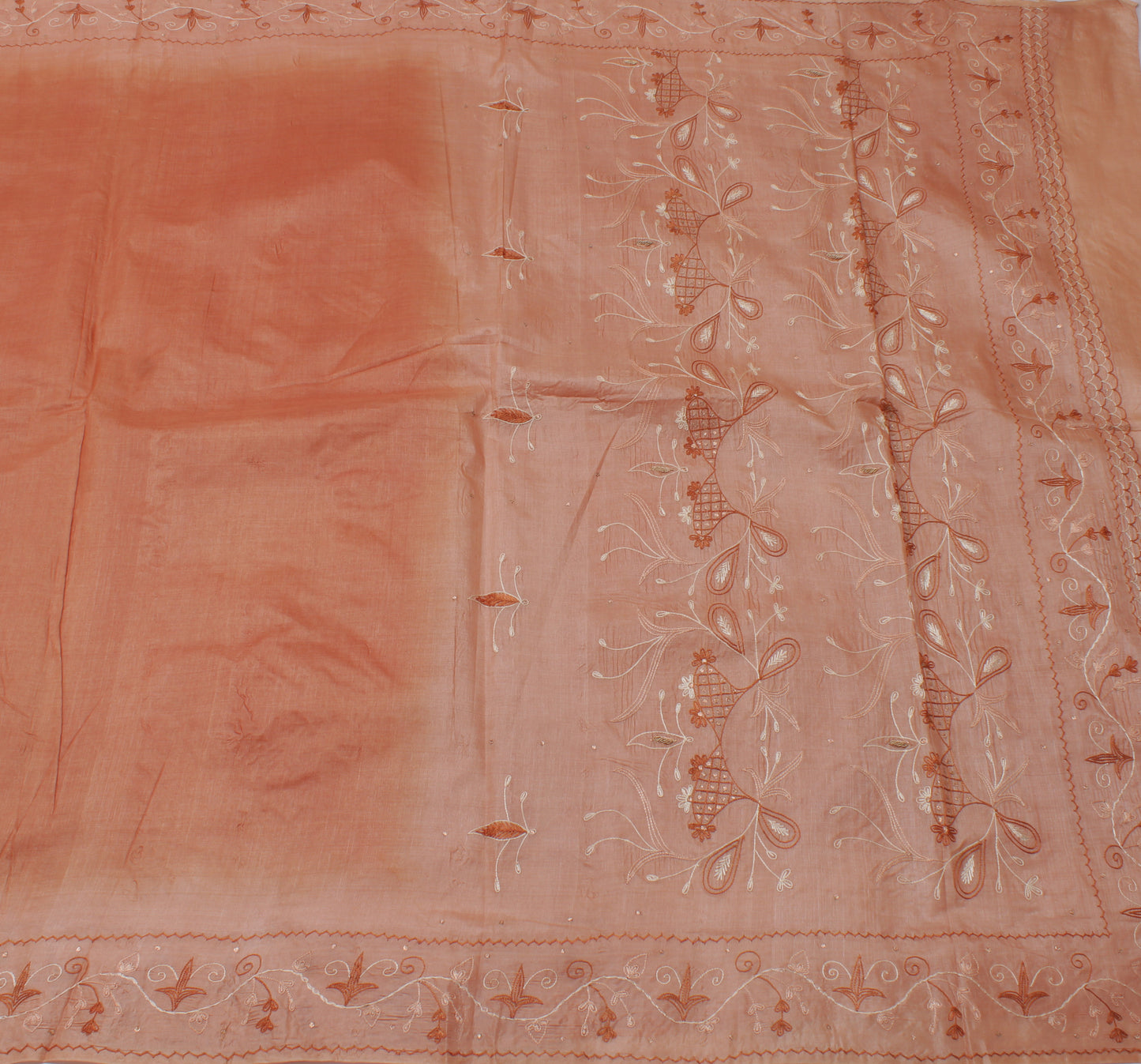 Sushila Vintage Peach Saree 100% Pure Silk Embroidered Floral Sari Craft Fabric