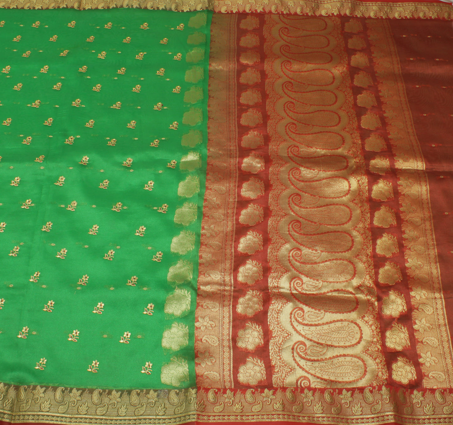 Sushila Vintage Green Saree Blend Silk Woven Embroidered Floral Sari Fabric