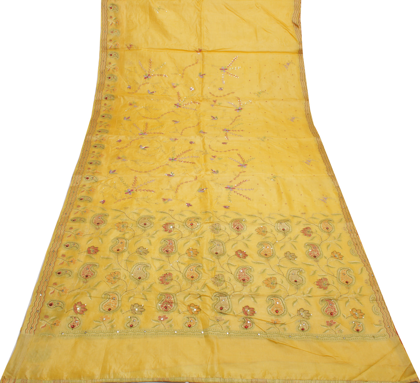 Sushila Vintage Yellow Saree 100% Pure Silk Woven Floral Sari Craft Fabric