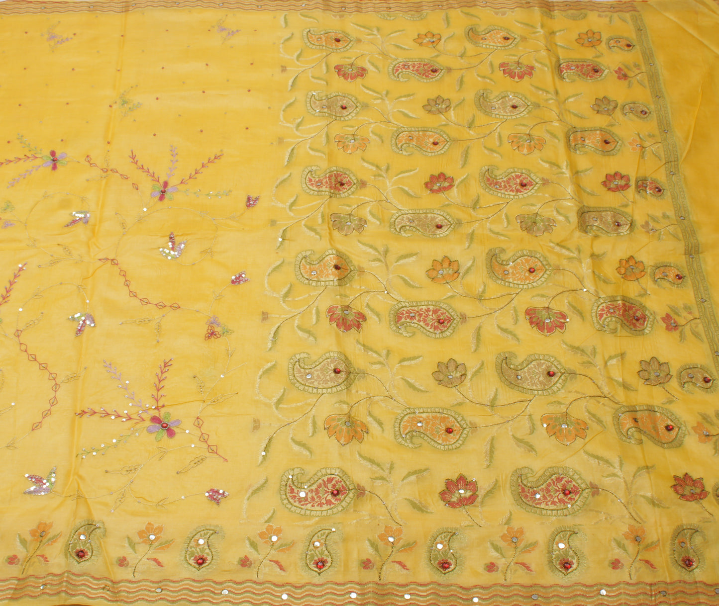 Sushila Vintage Yellow Saree 100% Pure Silk Woven Floral Sari Craft Fabric