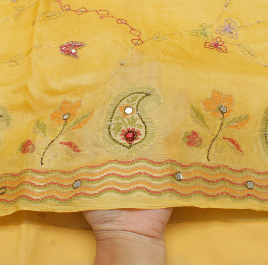 Sushila Vintage Yellow Saree 100% Pure Silk Woven Floral Sari Craft Fabric