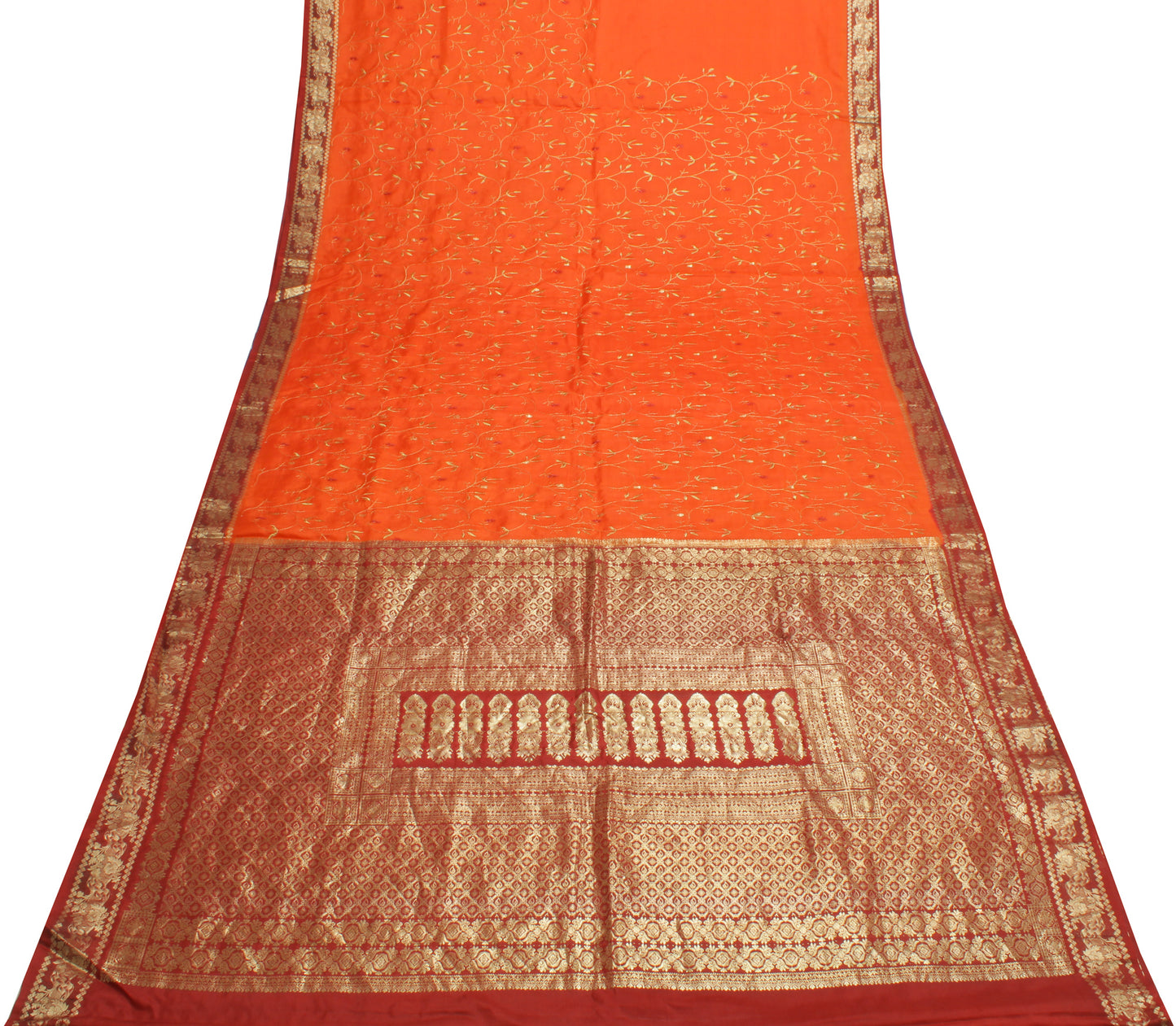 Sushila Vintage Orange Saree Pure Silk Embroidered & Woven Floral Sari Fabric