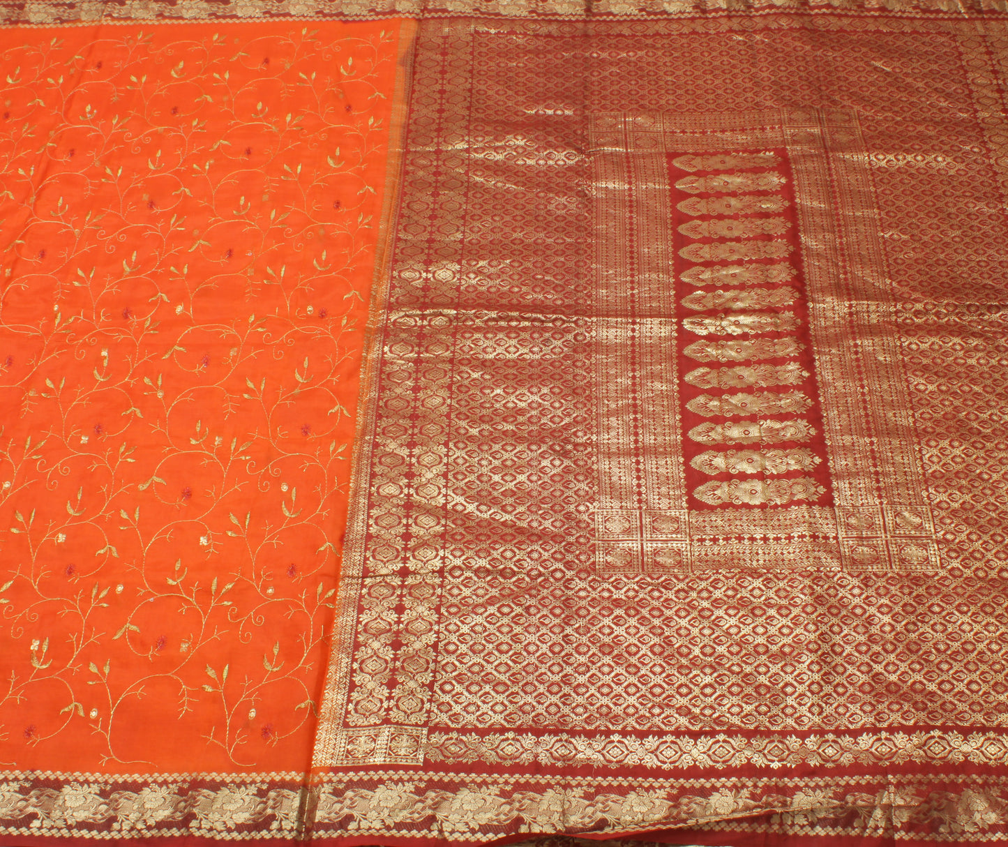 Sushila Vintage Orange Saree Pure Silk Embroidered & Woven Floral Sari Fabric