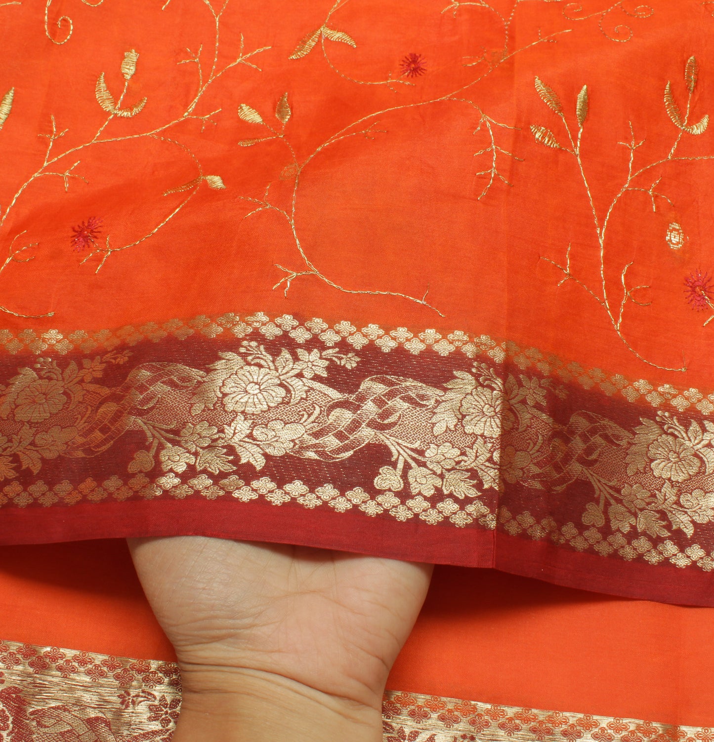 Sushila Vintage Orange Saree Pure Silk Embroidered & Woven Floral Sari Fabric