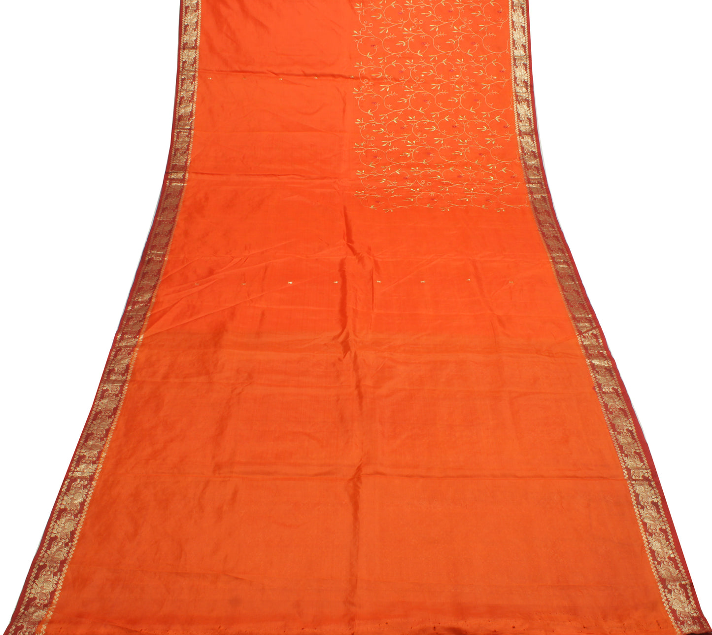 Sushila Vintage Orange Saree Pure Silk Embroidered & Woven Floral Sari Fabric