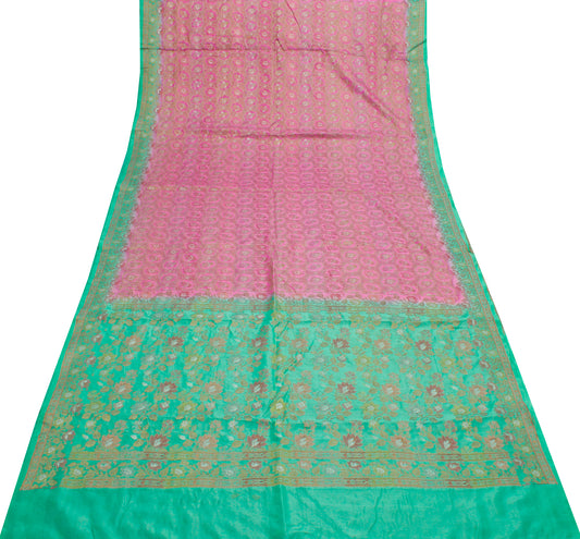 Sushila Vintage Pink Saree 100% Pure Silk All Over Woven Floral Sari Fabric