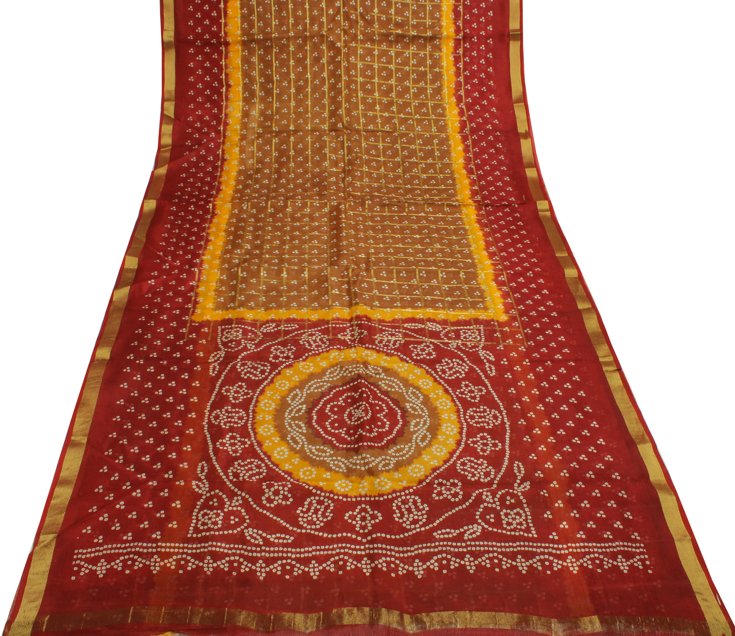 Sushila Vintage Brown Saree Pure Cotton Bandhani Printed & Woven Sari Fabric