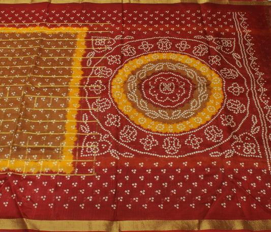 Sushila Vintage Brown Saree Pure Cotton Bandhani Printed & Woven Sari Fabric