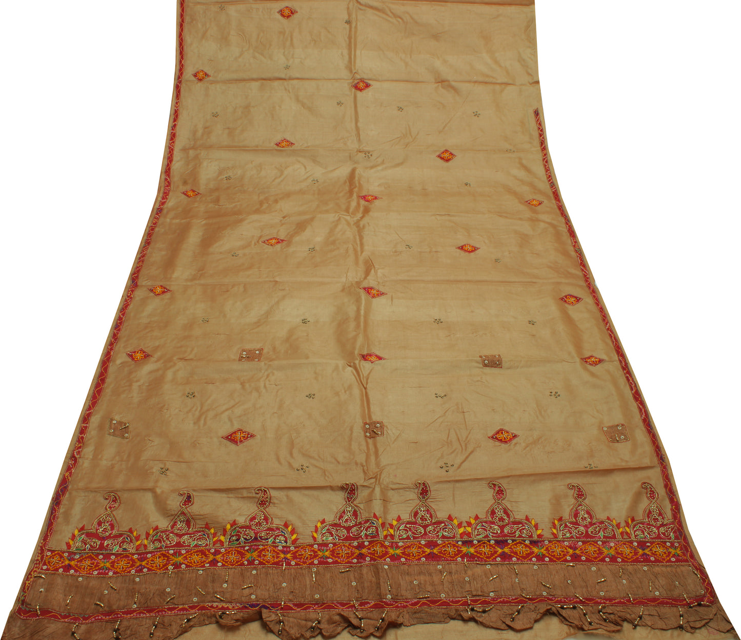 Sushila Vintage Brown Indian Saree 100% Pure Silk Embroidered Sari Craft Fabric