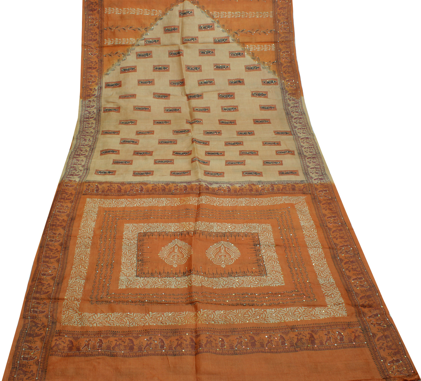 Sushila Vintage Light Brown Saree 100% Pure Silk Hand Printed Human Sari Fabric