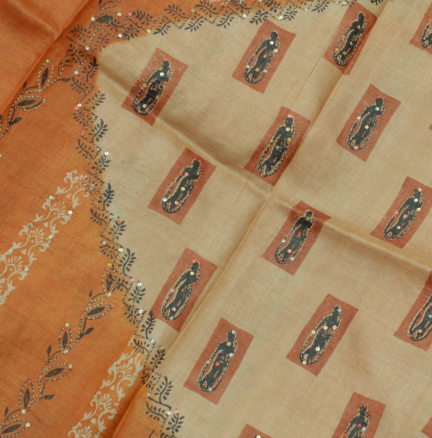 Sushila Vintage Light Brown Saree 100% Pure Silk Hand Printed Human Sari Fabric