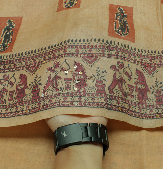 Sushila Vintage Light Brown Saree 100% Pure Silk Hand Printed Human Sari Fabric