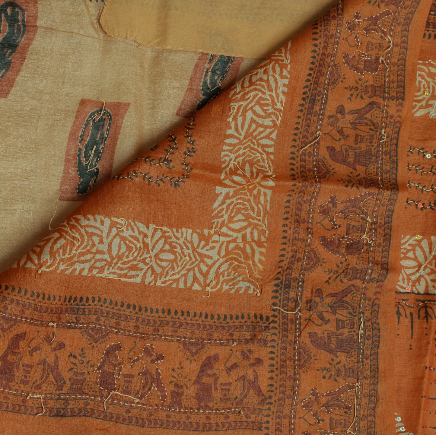 Sushila Vintage Light Brown Saree 100% Pure Silk Hand Printed Human Sari Fabric