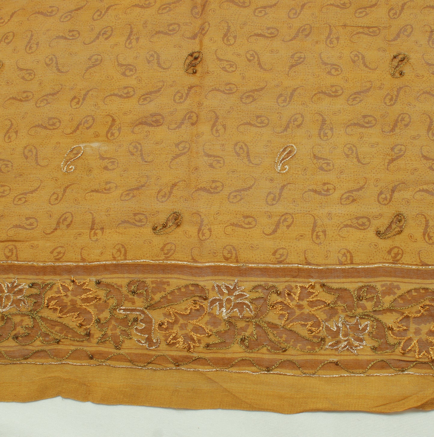 Sushila Vintage Mustard Saree Pure Georgette Silk Printed Paisley Sari Fabric