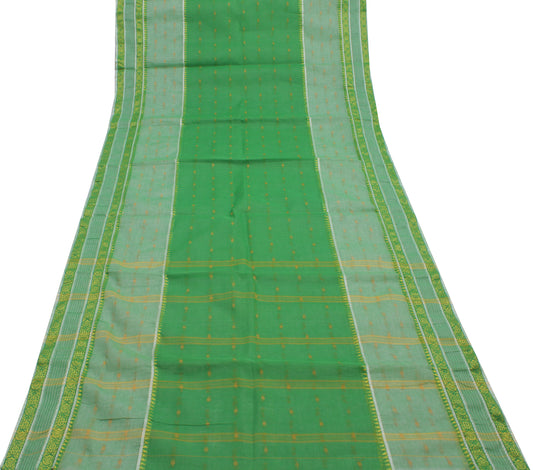 Sushila Vintage Green Indian Saree 100% Pure Cotton Woven Sari Craft Fabric