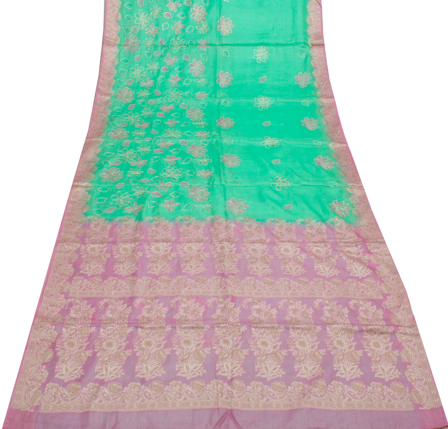 Sushila Vintage Green Saree Pure Silk Woven & Embroidered Floral Sari Fabric