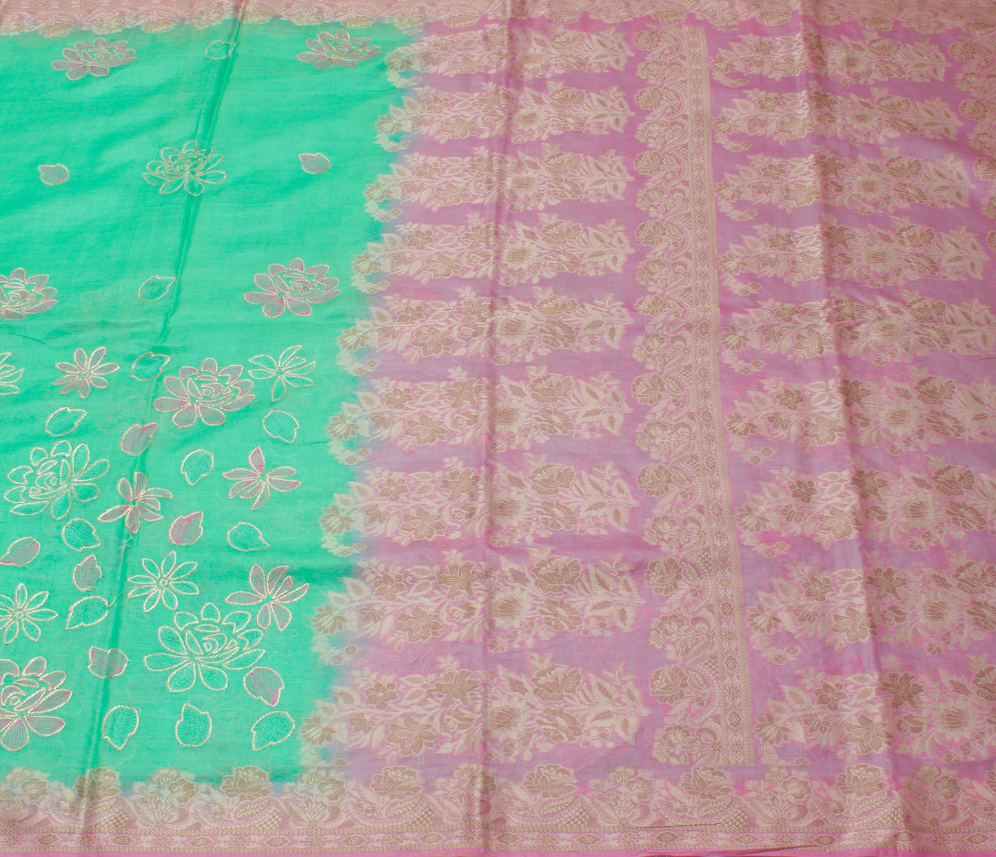 Sushila Vintage Green Saree Pure Silk Woven & Embroidered Floral Sari Fabric