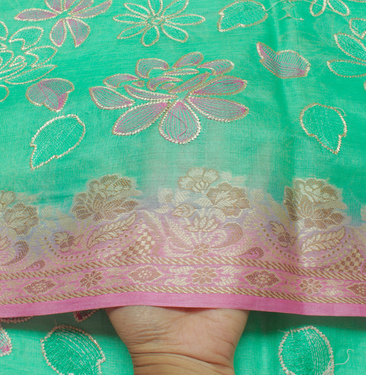 Sushila Vintage Green Saree Pure Silk Woven & Embroidered Floral Sari Fabric